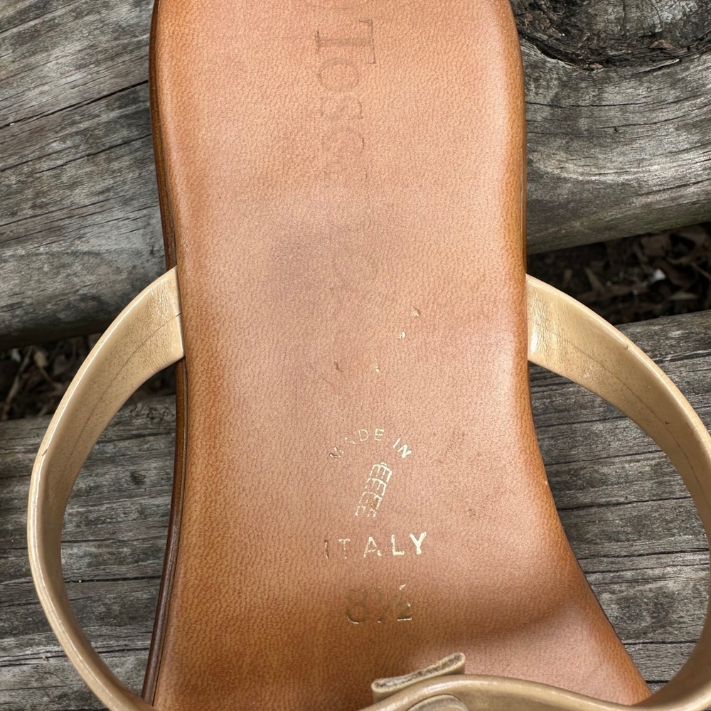 Toscanella Italian Tan Leather Rhinestone Flat Thong Sandals Brown Sz 8.5 Resort - Picture 3 of 6